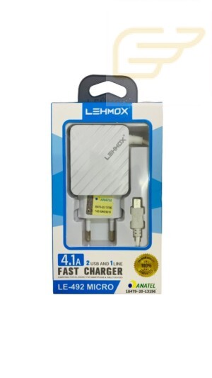 CARREGADOR MICRO USB V8 FAST CHARGER 4.1A 2USB LEHMOX LE-492