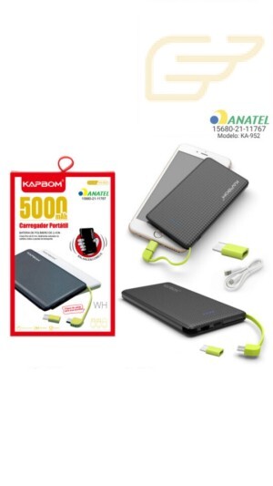 POWER BANK 5000MAH C/ CONECTOR V8 TIPO C E LIGHTNING KAPBOM KA-952