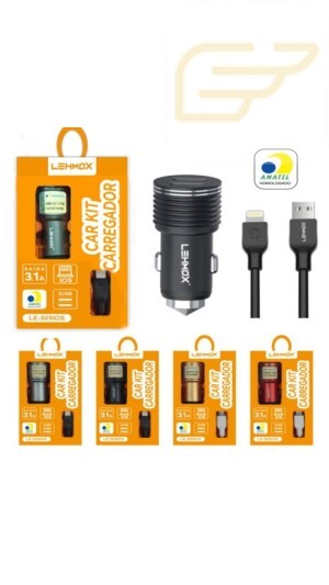 CARREGADOR VEICULAR 2USB COM CABO LIGHTNING 3.1A LEHMOX LE-505IOS