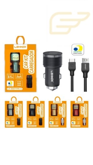 CARREGADOR VEICULAR 2USB COM CABO TIPO C 3.1A LEHMOX LE-505TYPEC