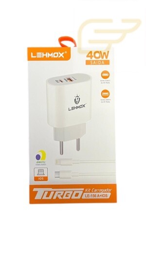 KIT CARREGADOR DE CELULAR TURBO PD/USB 40W LIGHTNING LEHMOX LE-156 A+IOS